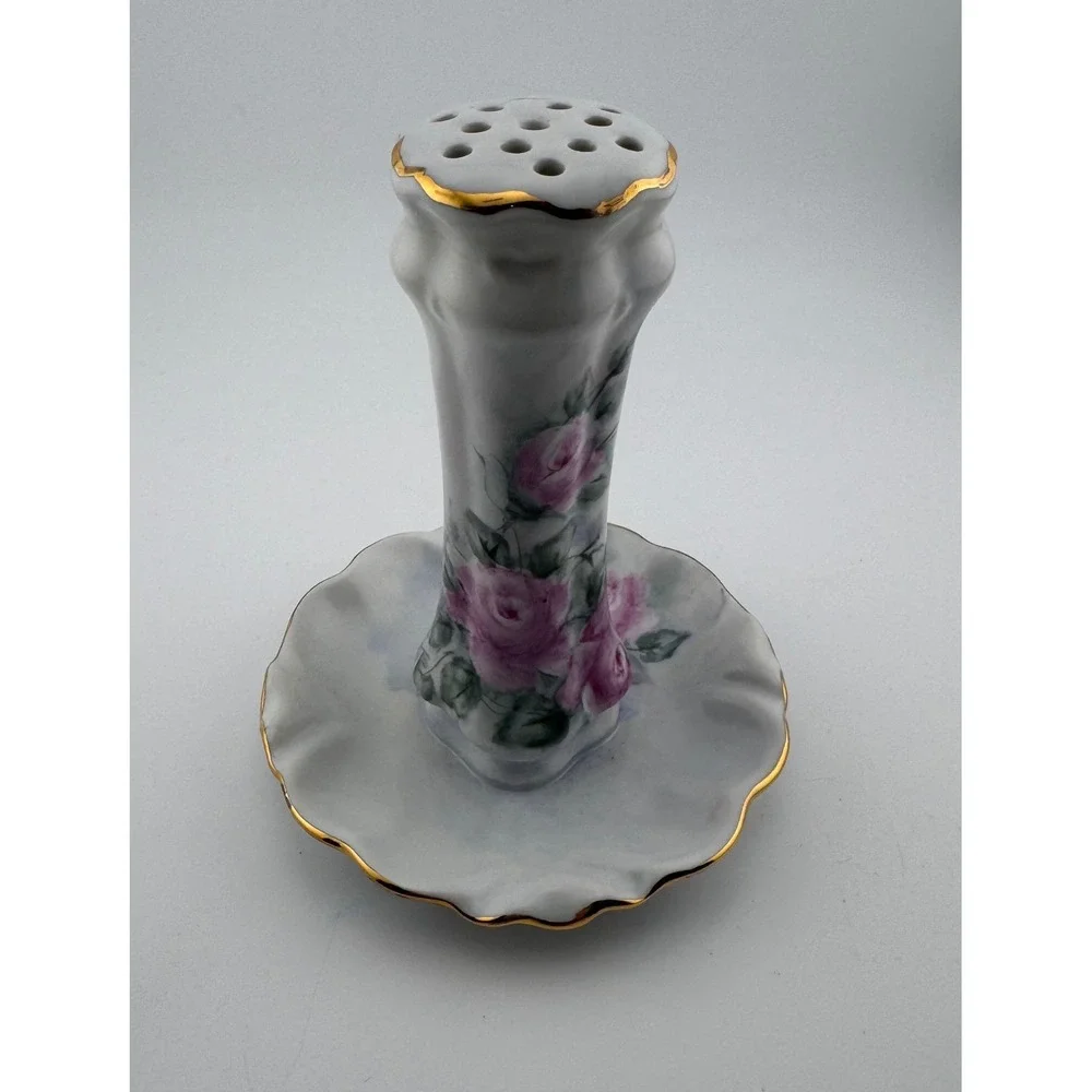 Vintage Hand‎ Painted Porcelain Hatpin Holder Pink Roses Gold Trim - Wagenman